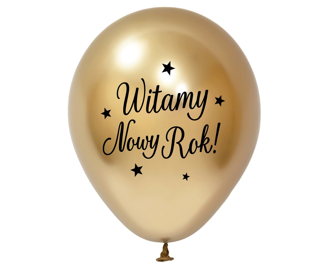 Balony B&C 12",  "Witamy Nowy Rok", srebrne, złote i czarny 5szt.